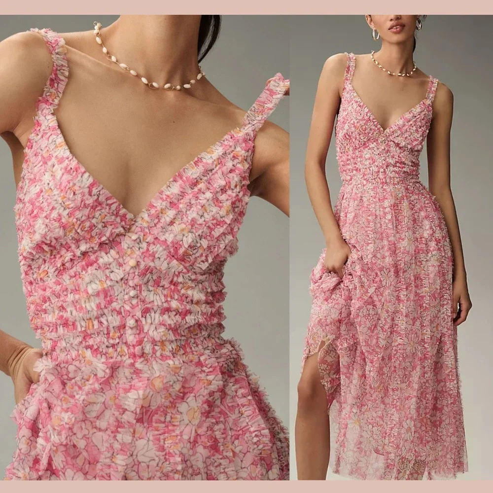 NWT Mac Duggal [ 12 ] 8012 Floral V-Neck Floral A line Midi Dress In Pink #S1938 - Picture 4 of 16